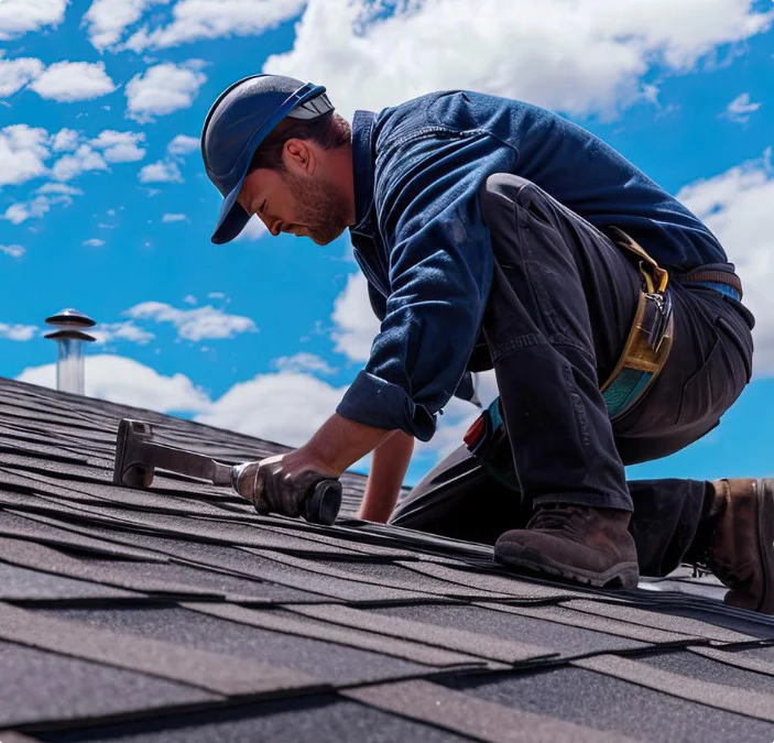 roofer installing asphalt shingles during a roof repair