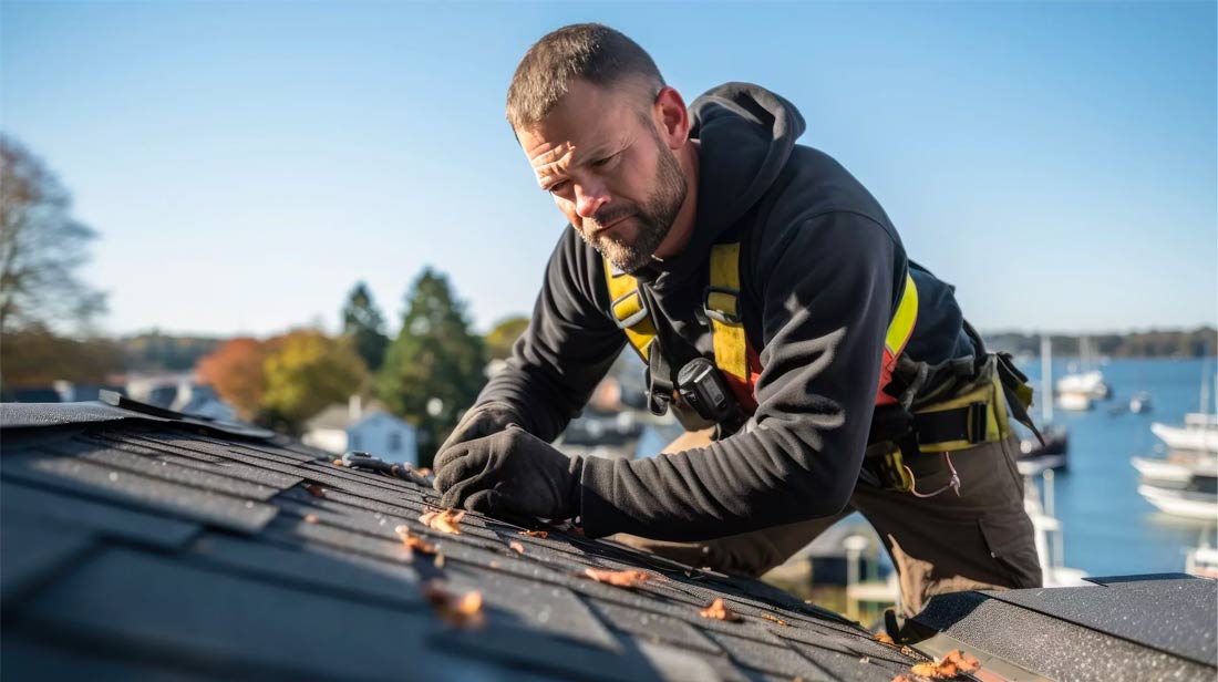 Roofing Contractor Repairing Shingles On A House